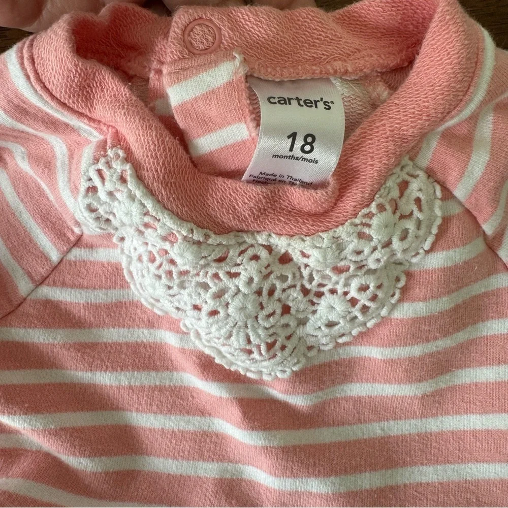 Carter’s Pink Striped Baby Girl Dress Lace Collar Accent 100% Cotton Size 18M